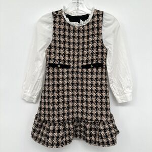 Janie & Jack Tweed‎ Ruffle Dress Girls Size 4 Lined Preppy Houndstooth Holiday